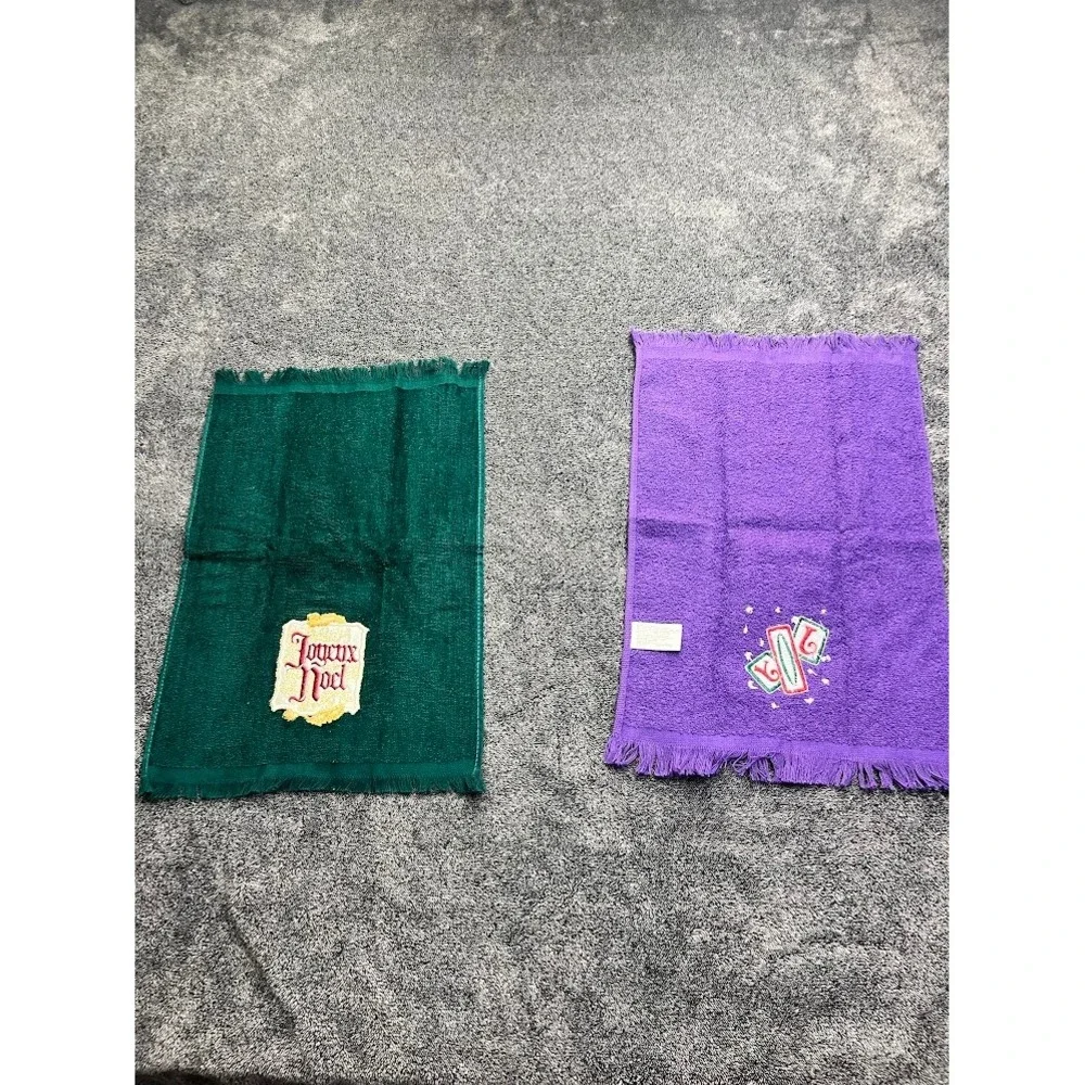 Vintage Holiday Hand Towel Set Joyeux Noel Green & Joy Purple Fringed Terry